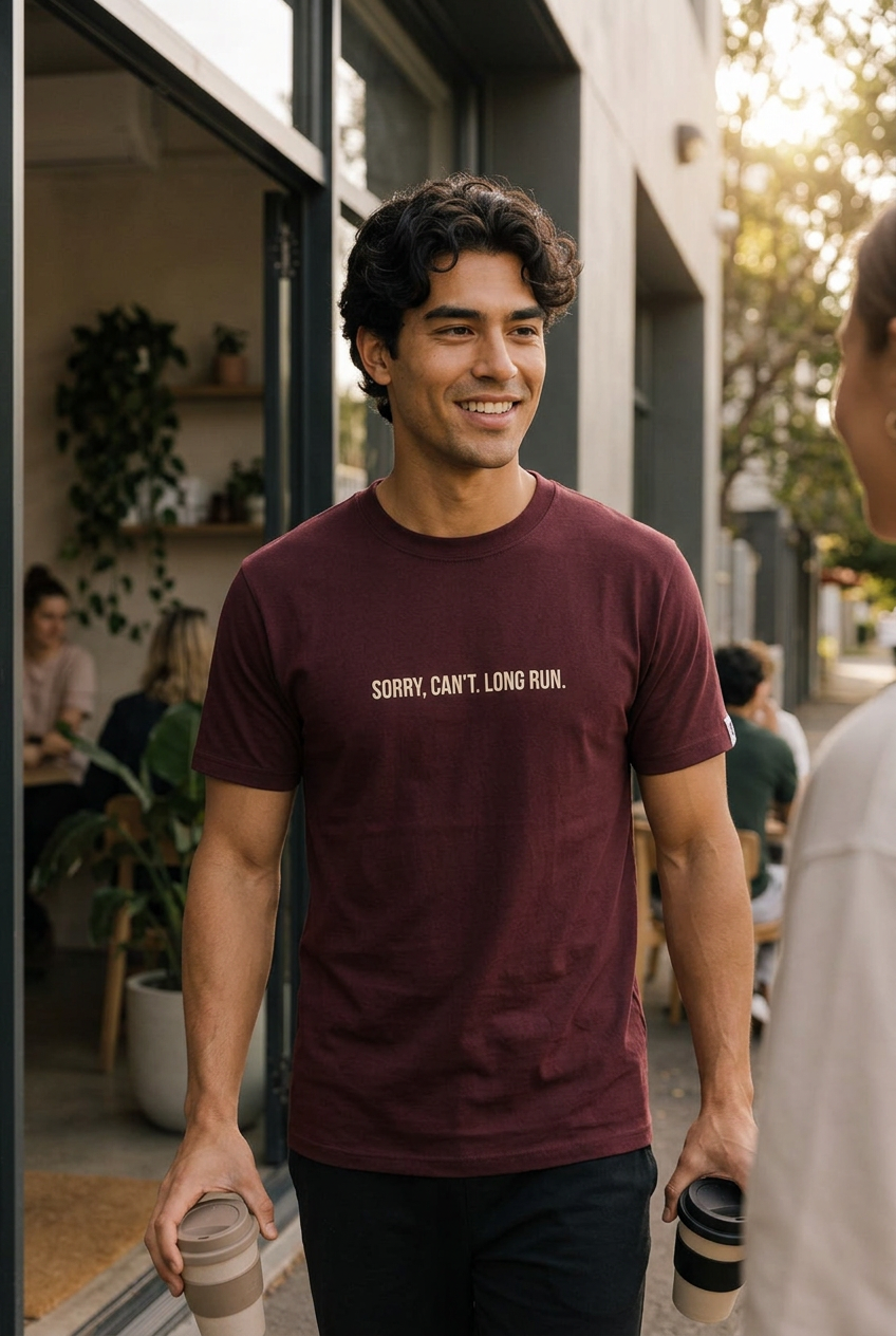 Hanes Maroon en una escena natural saliendo del café