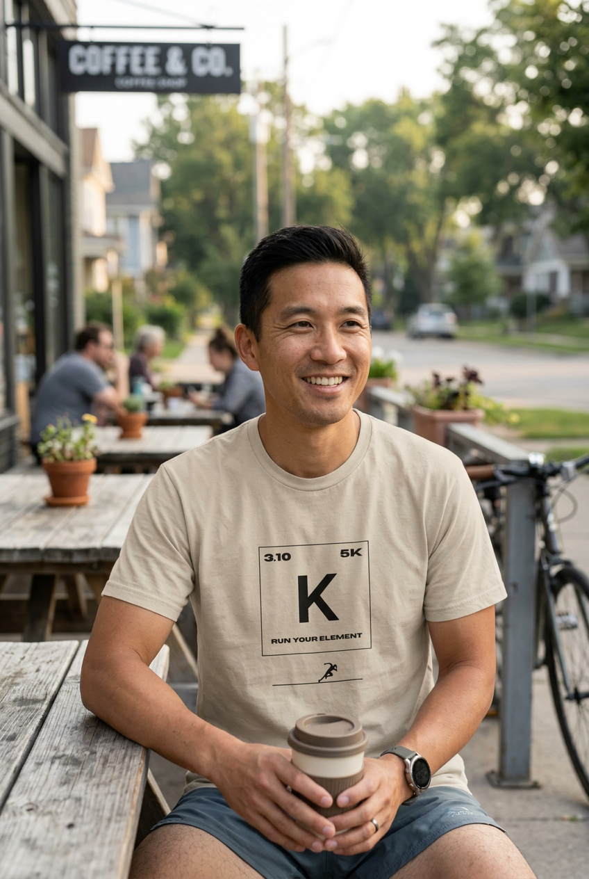 Man wearing the natural K Run Your Element graphic T-shirt outside a café.