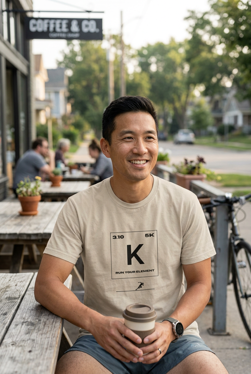 Man wearing the natural K Run Your Element graphic T-shirt outside a café.