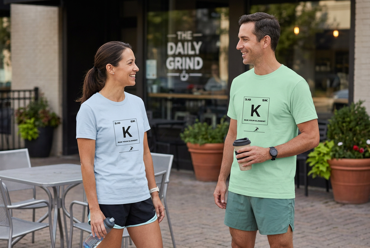Mujer con camiseta celeste y hombre con camiseta Mint Green